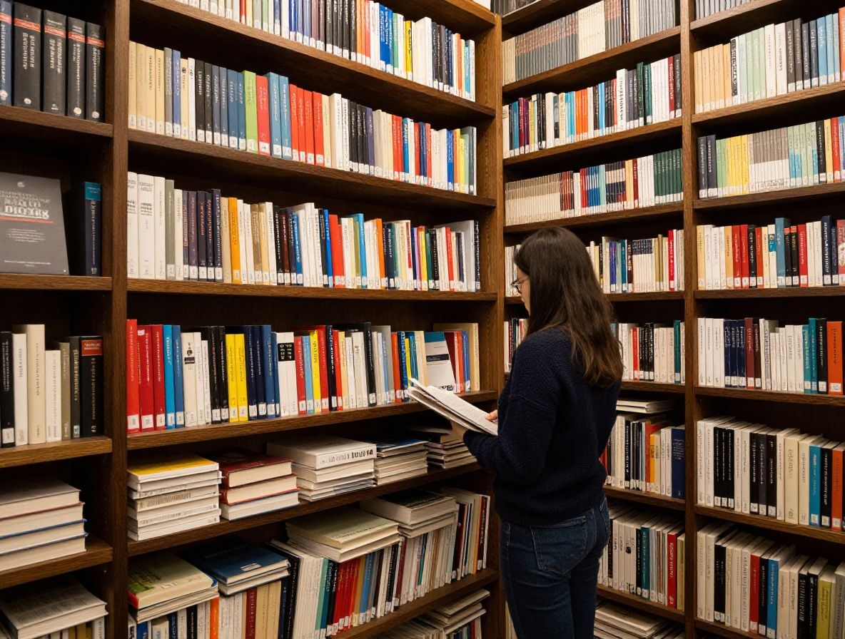 Bibliothèque académique aux rayonnages en bois sombre remplis de livres et de revues scientifiques, éclairée par une lumière naturelle traversant une haute fenêtre, évoquant la recherche, la connaissance et la rigueur intellectuelle