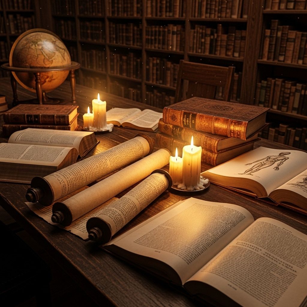 Ancienne bibliothèque avec des parchemins et des livres de médecine historique ouverts sur une table en bois sombre, lumière de bougie dorée, atmosphère studieuse et érudite évoquant la sagesse des civilisations passées