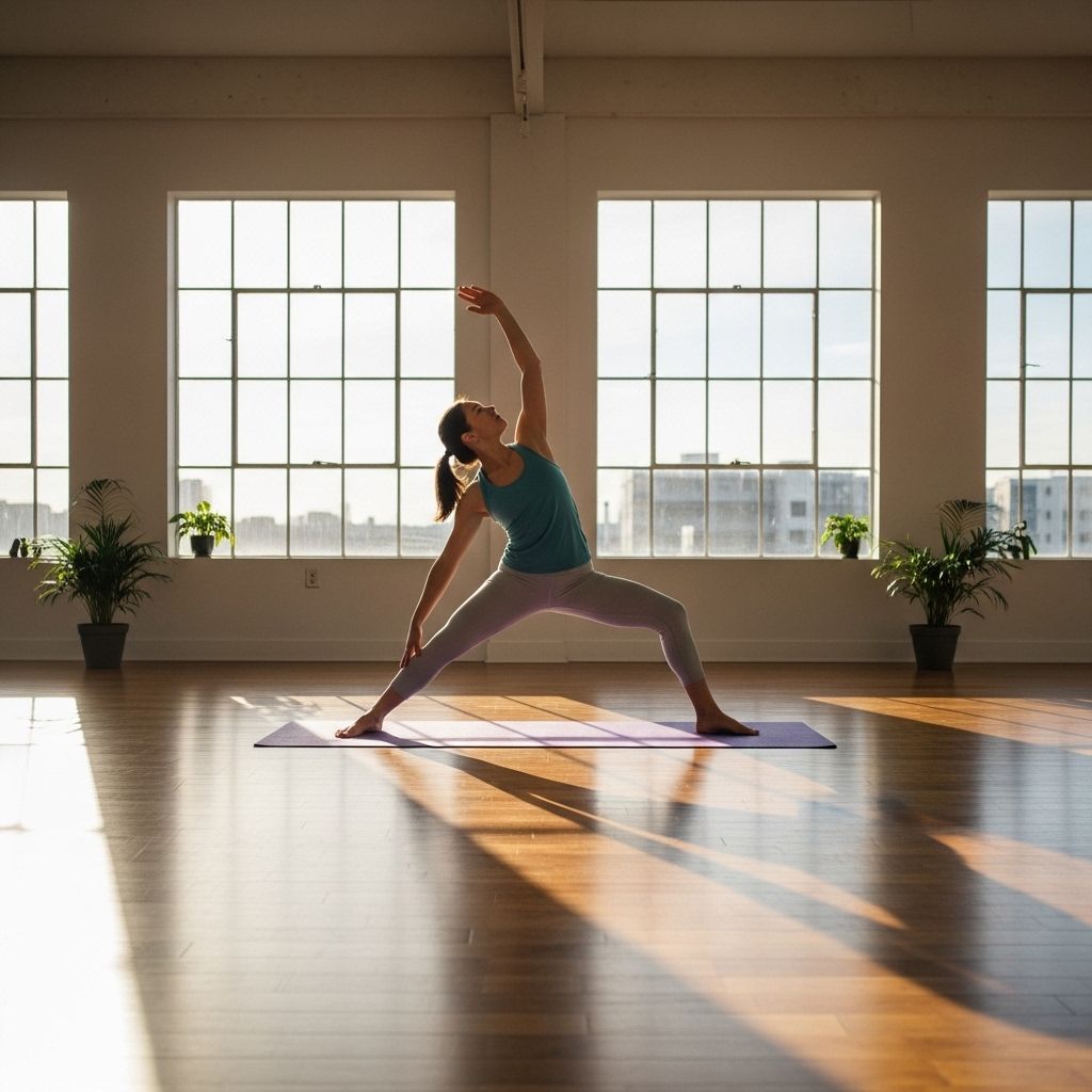 Personne pratiquant des étirements de yoga matinal sur un tapis violet dans un studio lumineux avec de grandes fenêtres et de la lumière naturelle entrant, posture de guerrier détendue et concentrée