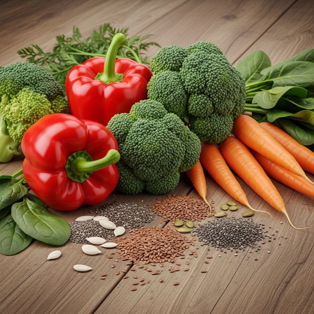 Assortiment coloré de légumes frais et de fruits sur une table en bois naturel : poivrons rouges, brocoli vert, carottes oranges, épinards et graines, représentant une alimentation variée et équilibrée